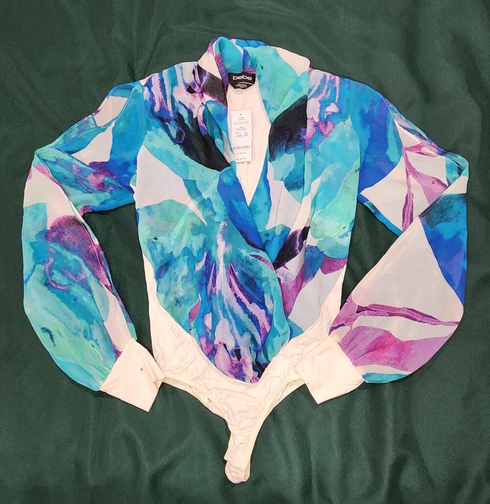 NWT Bebe Exuberant Printed Long Sleeve Wrap Bodysuit XS Blue Purple Abstract